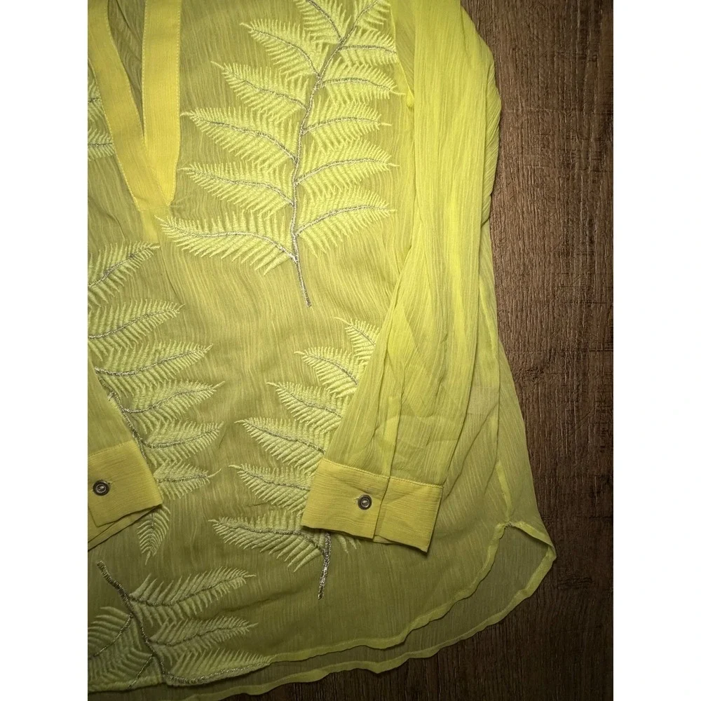 Joan Vass Yellow Fern Embroidered Sheer Tunic Blouse Size M‎ Long Sleeve Tab Top - Picture 7 of 9